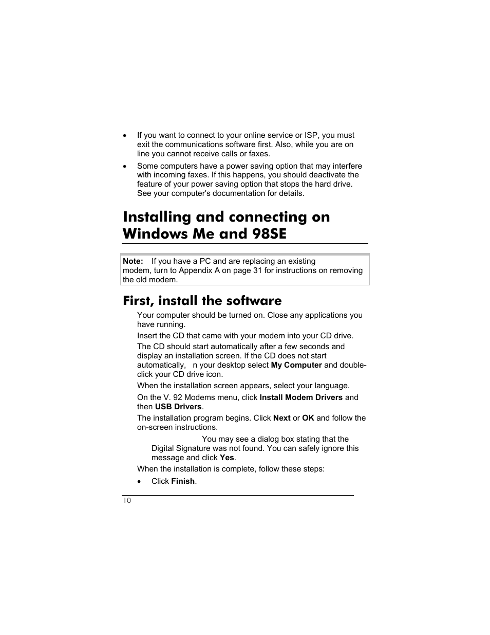 Installing and connecting on windows me and 98se, First, install the software | Zoom 3095 User Manual | Page 10 / 36