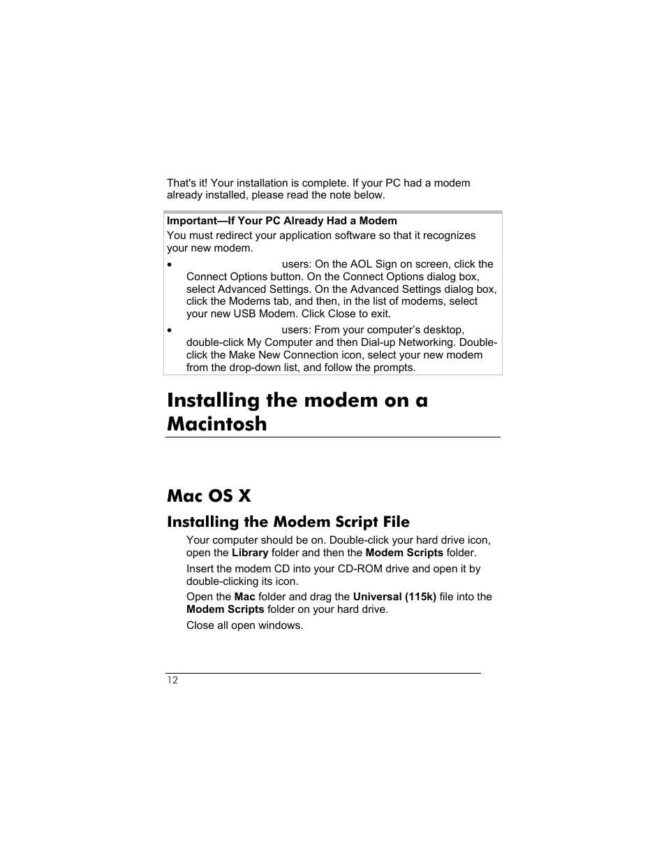 Installing the modem on a macintosh, Mac os x, Installing the modem script file | Zoom 3095 User Manual | Page 12 / 36