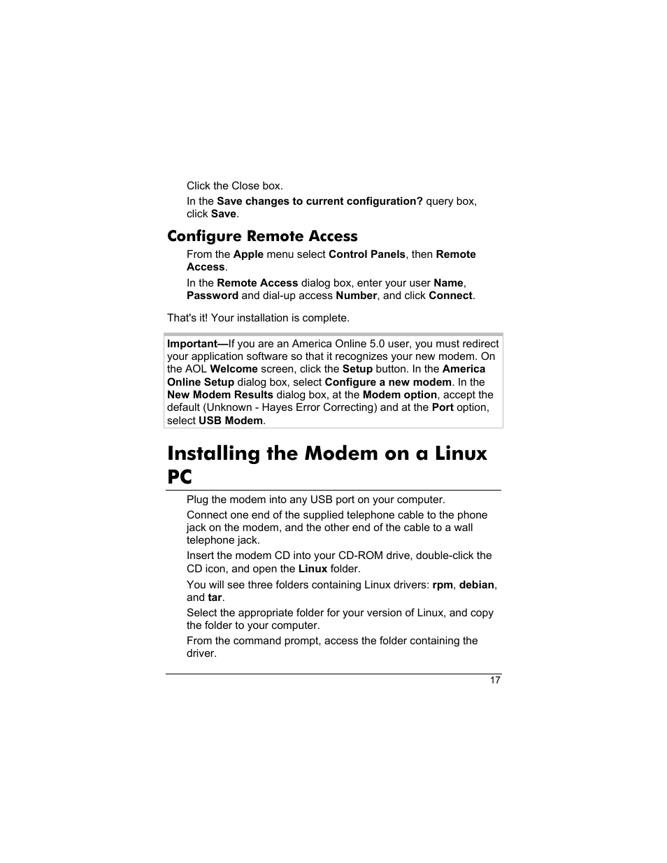 Installing the modem on a linux pc, Configure remote access | Zoom 3095 User Manual | Page 17 / 36