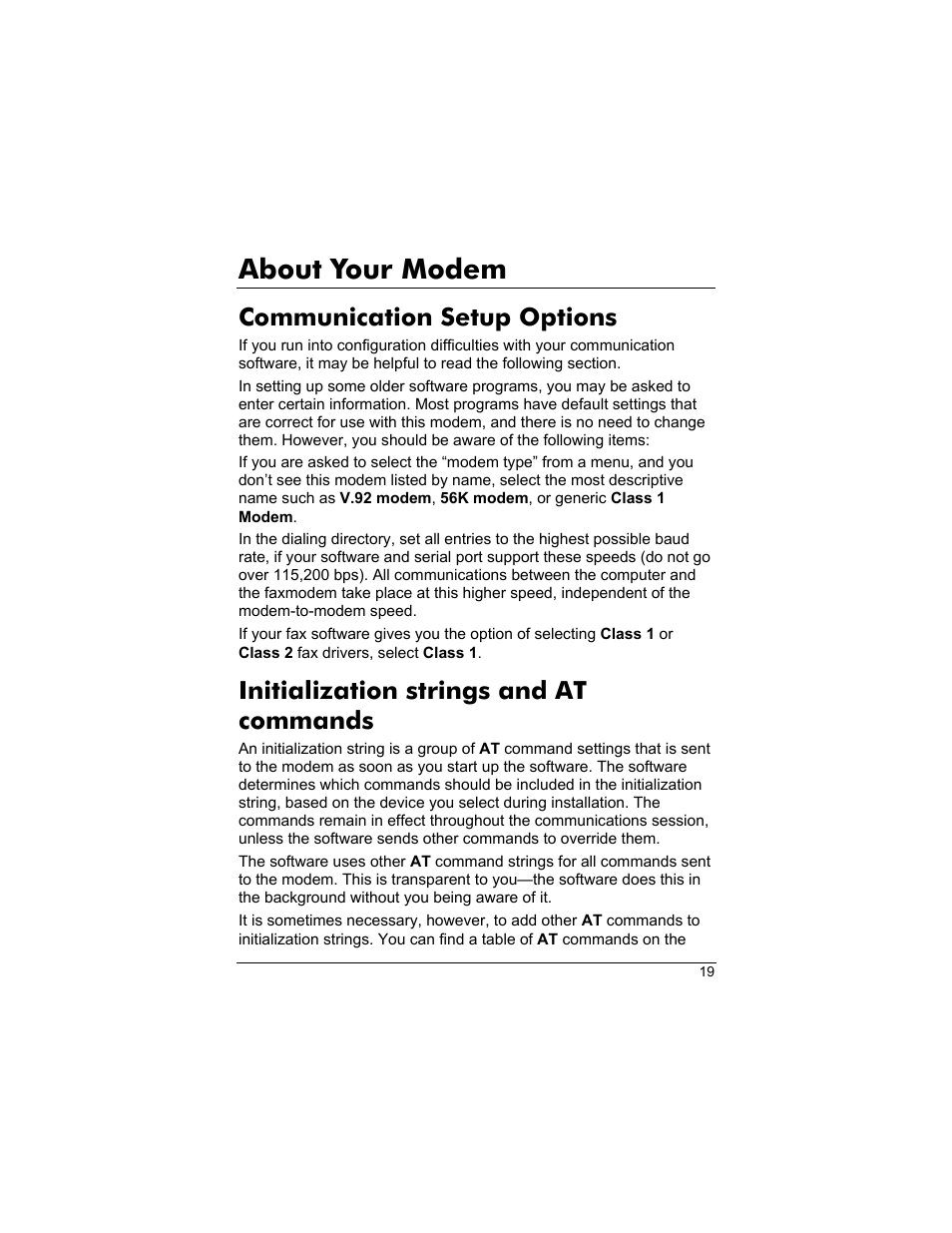 About your modem, Communication setup options, Initialization strings and at commands | Zoom 3095 User Manual | Page 19 / 36