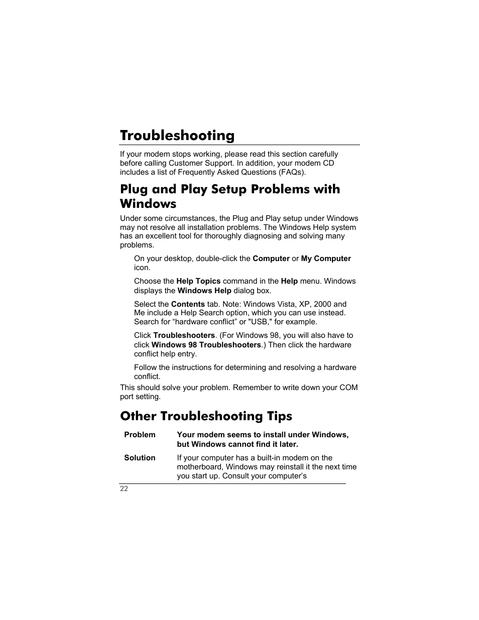 Troubleshooting, Plug and play setup problems with windows, Other troubleshooting tips | Zoom 3095 User Manual | Page 22 / 36