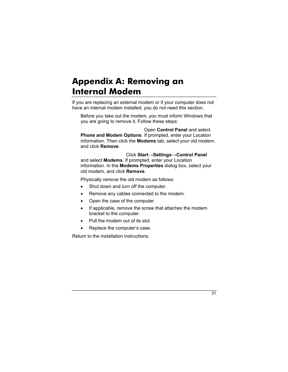 Appendix a: removing an internal modem | Zoom 3095 User Manual | Page 31 / 36