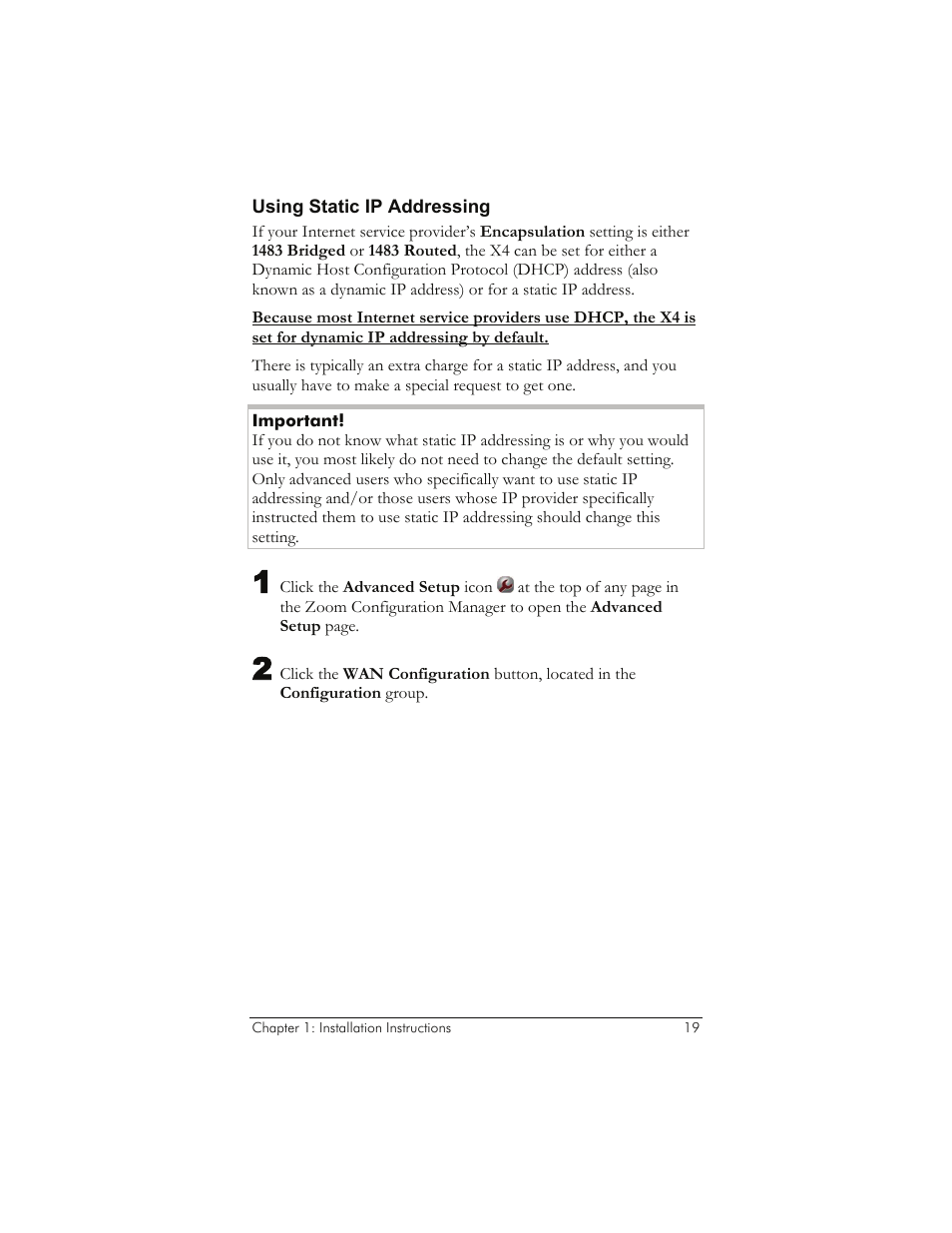 Using static ip addressing, Ue with using static ip addressing, Ge 19 | Zoom 5651A User Manual | Page 19 / 61