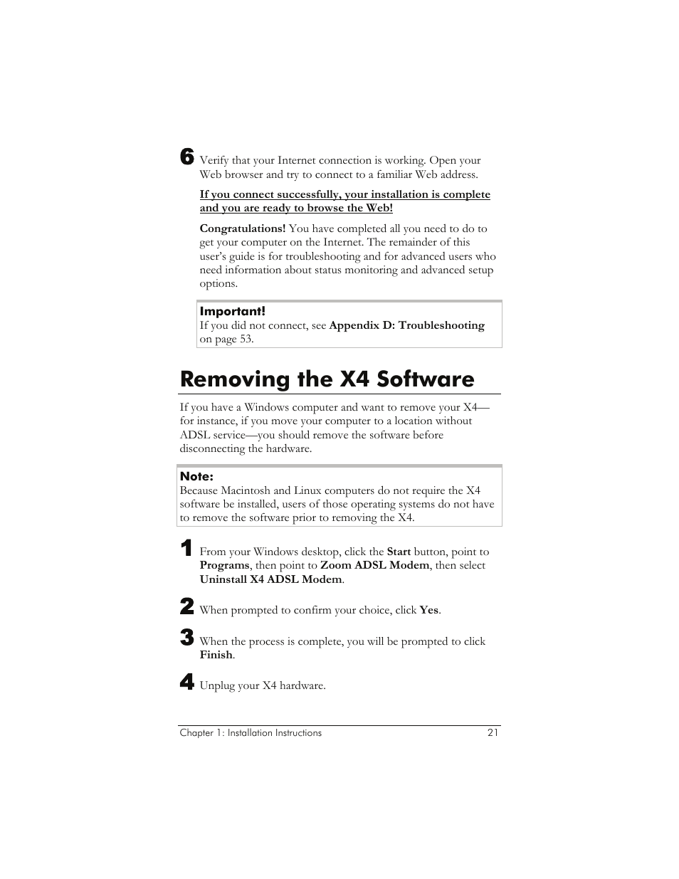 Removing the x4 software, Emoving the, Oftware | Zoom 5651A User Manual | Page 21 / 61