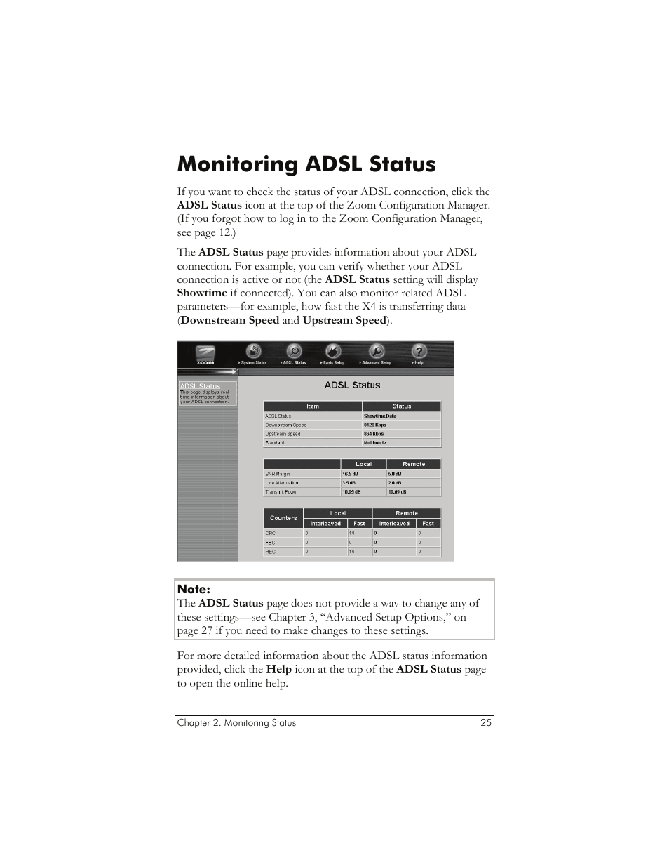 Monitoring adsl status, Onitoring, Adsl | Tatus | Zoom 5651A User Manual | Page 25 / 61