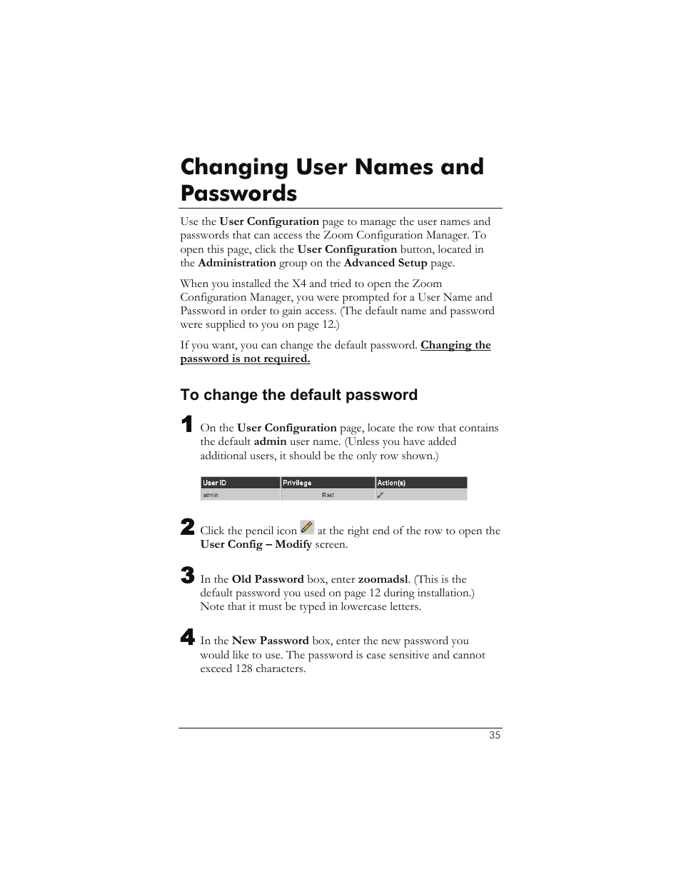 Changing user names and passwords, To change the default password, Hanging | Ames and, Asswords, Change your adsl password. see changing | Zoom 5651A User Manual | Page 35 / 61