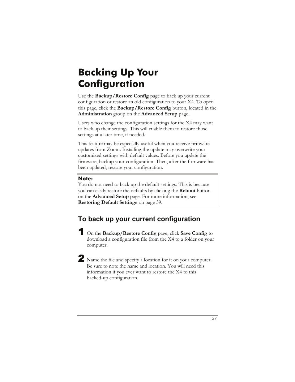 Backing up your configuration, To back up your current configuration, Acking | Onfiguration, 37 for | Zoom 5651A User Manual | Page 37 / 61