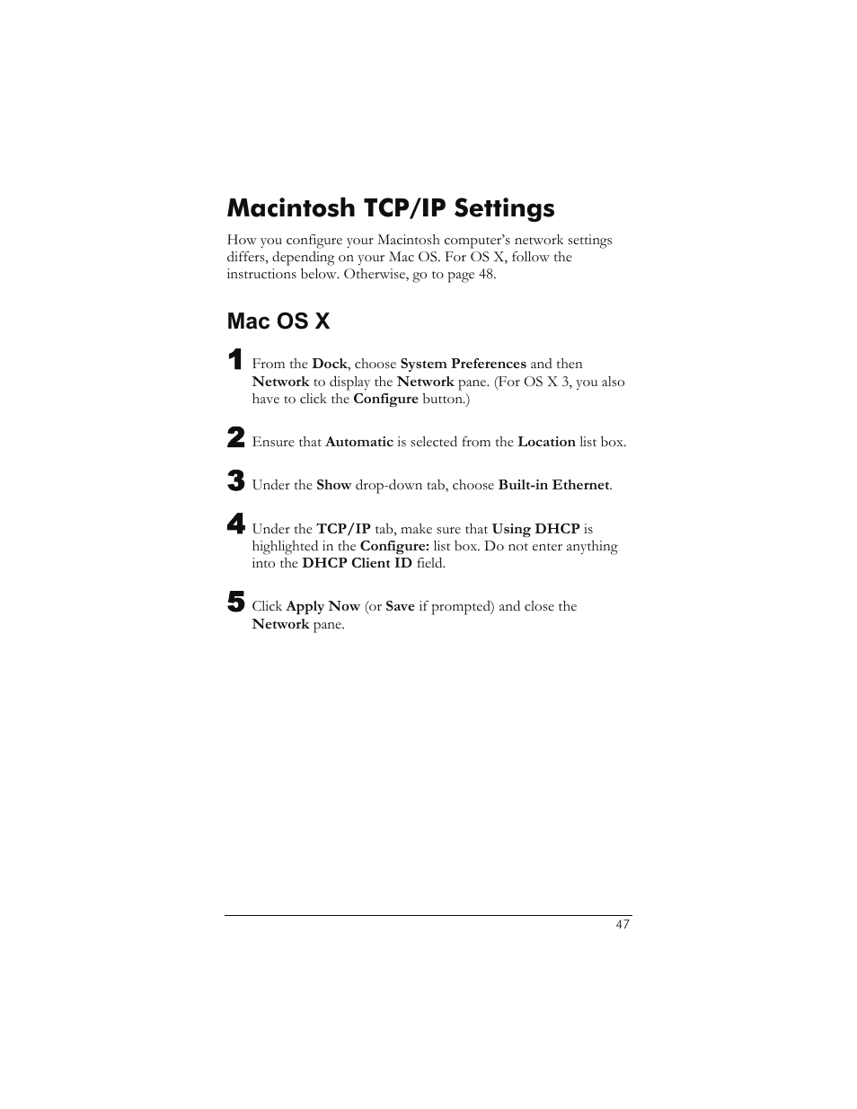 Macintosh tcp/ip settings, Mac os x, Acintosh | Tcp/ip, Ettings, Rly. see macintosh tcp/ip settings on, Ge 47 | Zoom 5651A User Manual | Page 47 / 61