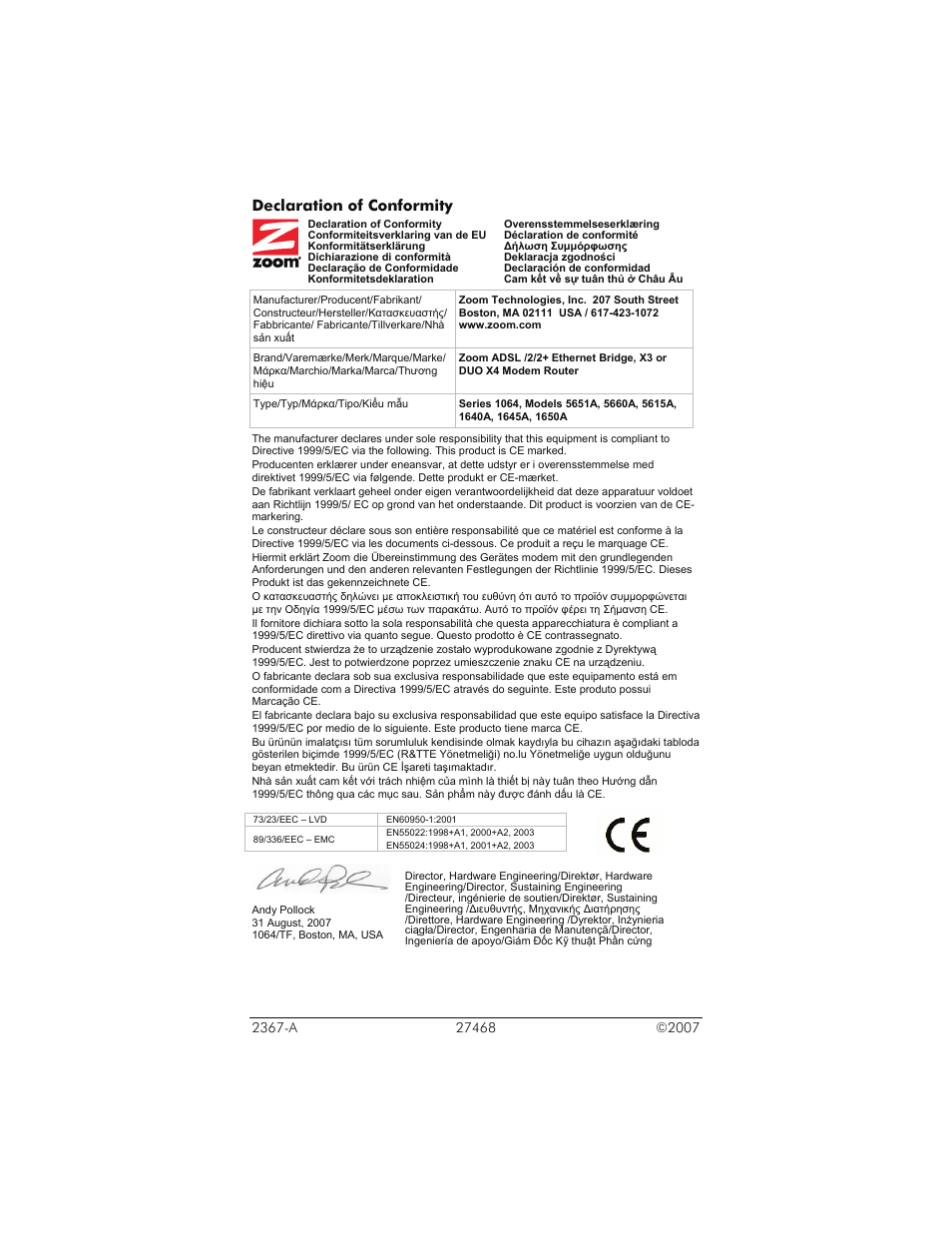 Declaration of conformity | Zoom 5651A User Manual | Page 61 / 61