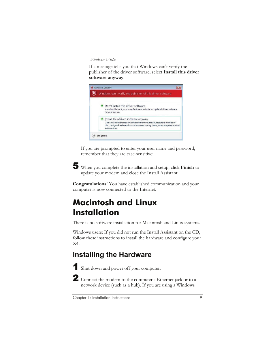 Macintosh and linux installation, Installing the hardware, Acintosh and | Inux, Nstallation | Zoom 5651A User Manual | Page 9 / 61
