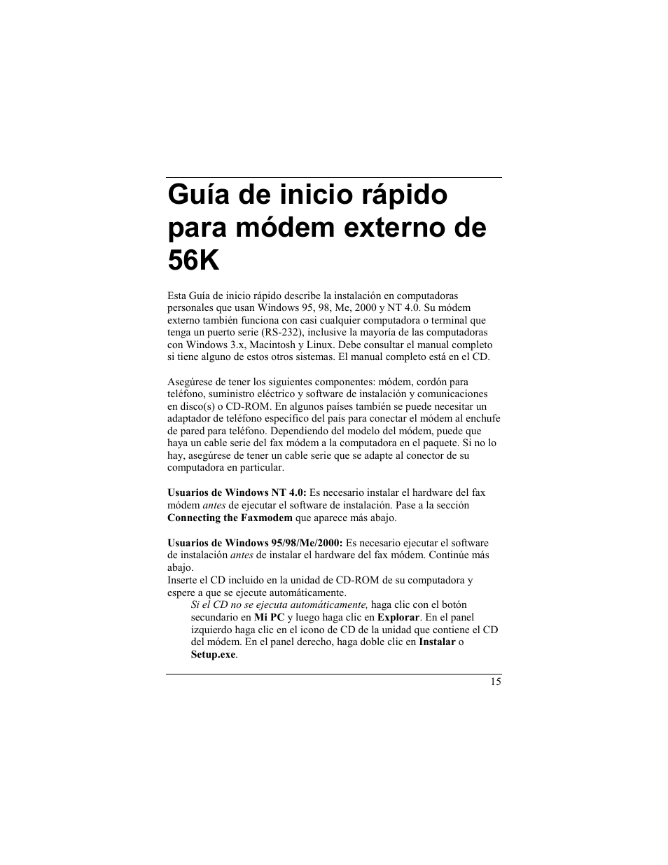 Uía de inicio rápido para módem externo de, Guía de inicio rápido para módem externo de 56k | Zoom 56K User Manual | Page 15 / 67