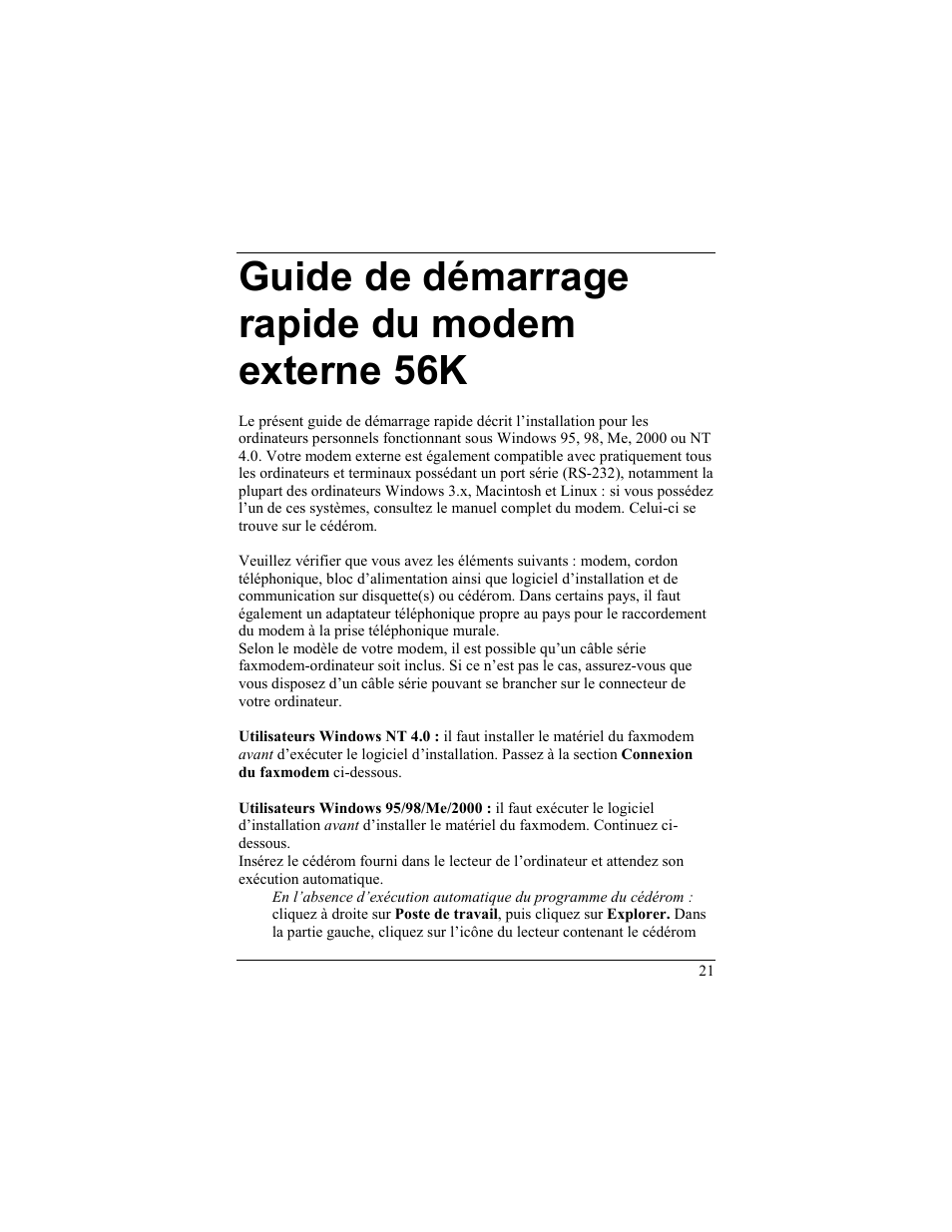 Uide de démarrage rapide du modem externe, Guide de démarrage rapide du modem externe 56k | Zoom 56K User Manual | Page 21 / 67