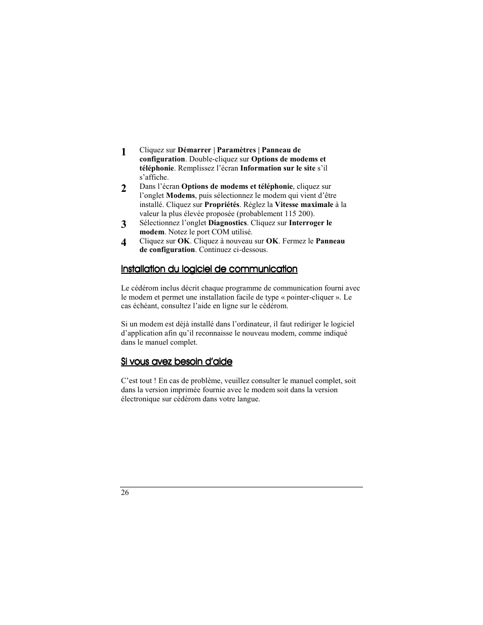 Installation du logiciel de communication, Si vous avez besoin d’aide | Zoom 56K User Manual | Page 26 / 67