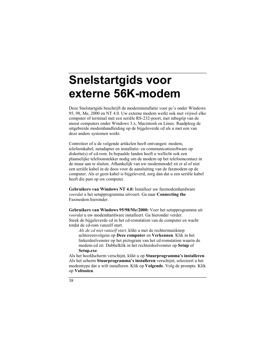 Nelstartgids voor externe, Modem, Snelstartgids voor externe 56k-modem | Zoom 56K User Manual | Page 38 / 67
