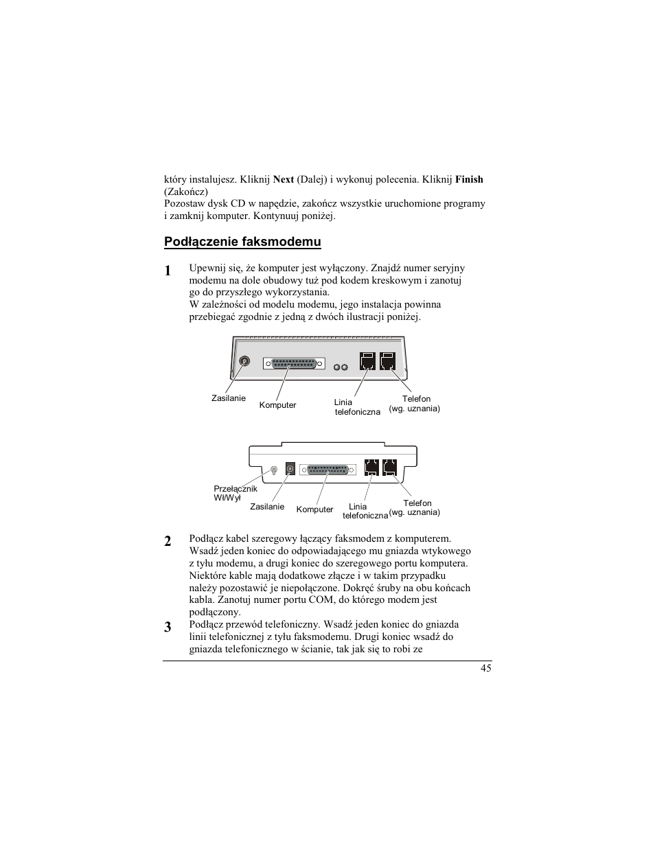 Podlaczenie faksmodemu, Windows nt 4.0, Podłączenie faksmodemu | Zoom 56K User Manual | Page 45 / 67