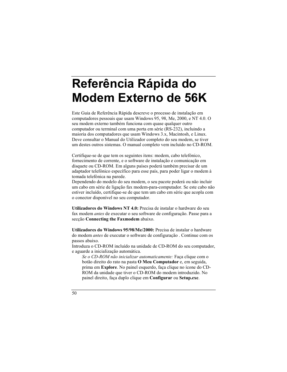 Eferência, Ápida do, Odem | Xterno de, Referência rápida do modem externo de 56k | Zoom 56K User Manual | Page 50 / 67