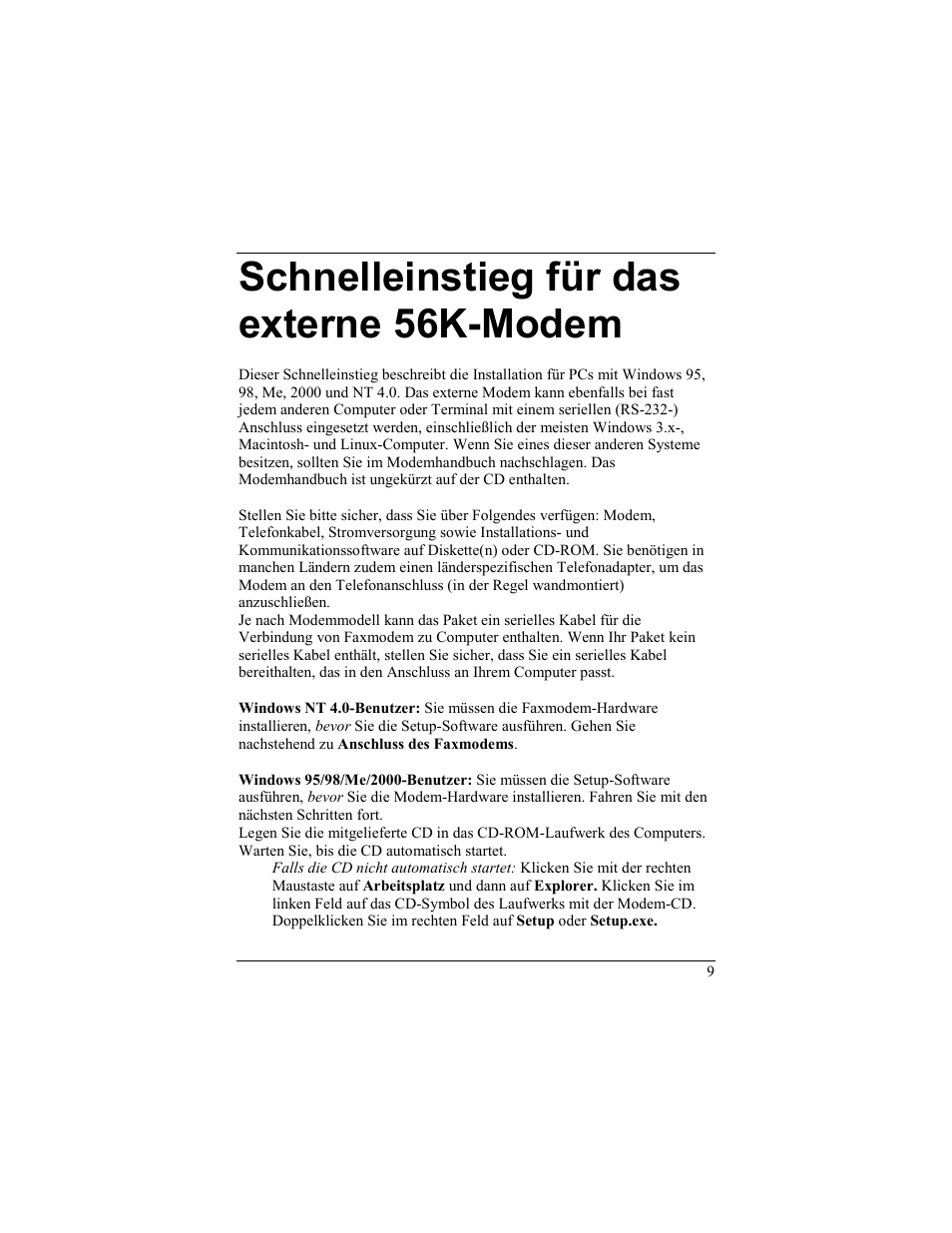 Chnelleinstieg für das externe, 56k-m, Odem | Schnelleinstieg für das externe 56k-modem | Zoom 56K User Manual | Page 9 / 67