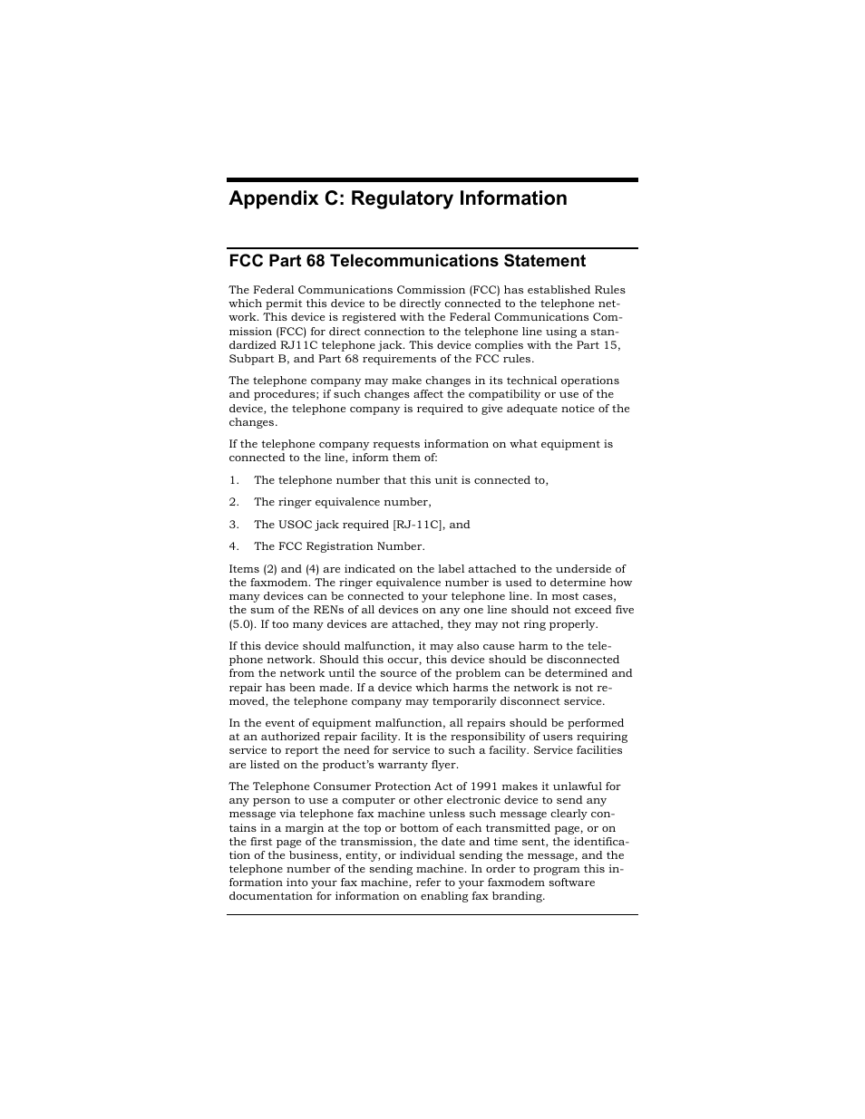 Appendix c: regulatory information, Fcc part 68 telecommunications statement | Zoom MAC User Manual | Page 30 / 32