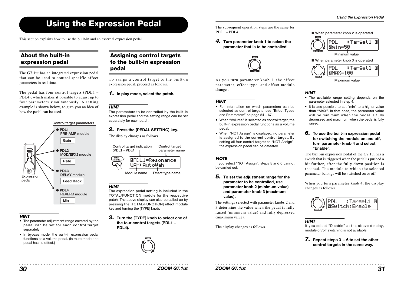 Using the expression pedal, Wah:autowah, Wah:autowah ¡pdl1=resonance pdl1=resonance | Zoom G7.1ut User Manual | Page 16 / 41