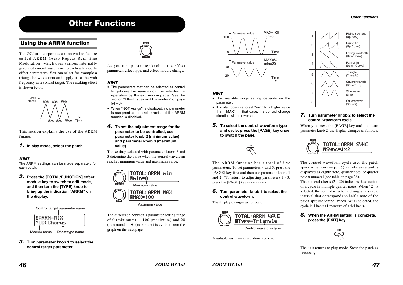 Other functions, Mod:chorus, Mod:chorus ¡arrm=mix arrm=mix | SSsync= sync=∑x2 x2 total:arrm sync total:arrm sync | Zoom G7.1ut User Manual | Page 24 / 41