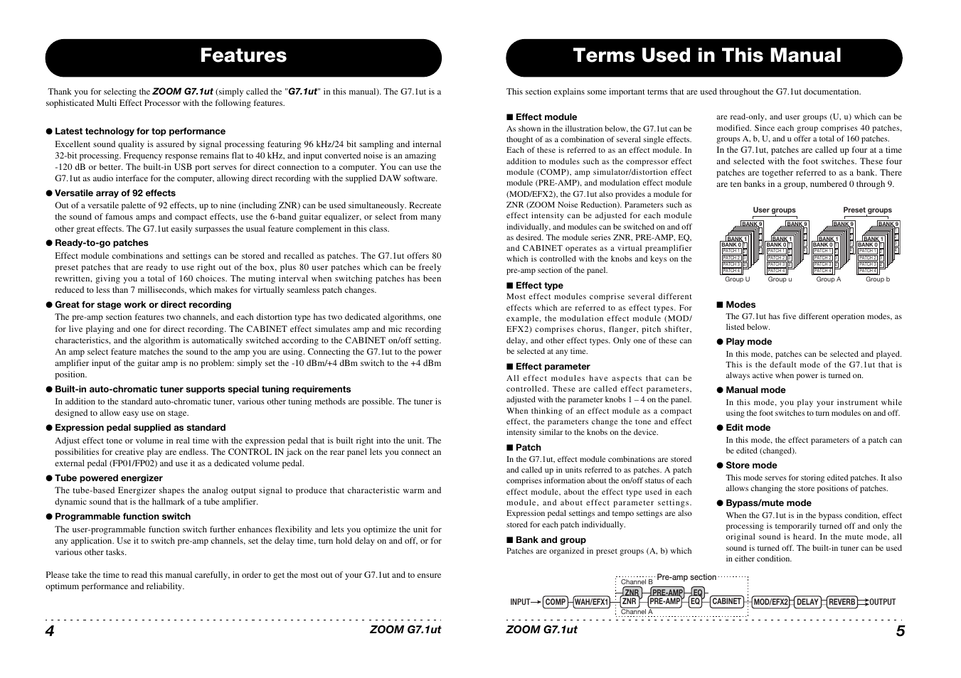 Features, Terms used in this manual | Zoom G7.1ut User Manual | Page 3 / 41