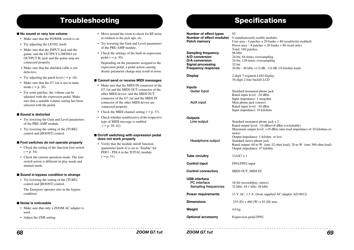 Troubleshooting, Specifications | Zoom G7.1ut User Manual | Page 35 / 41