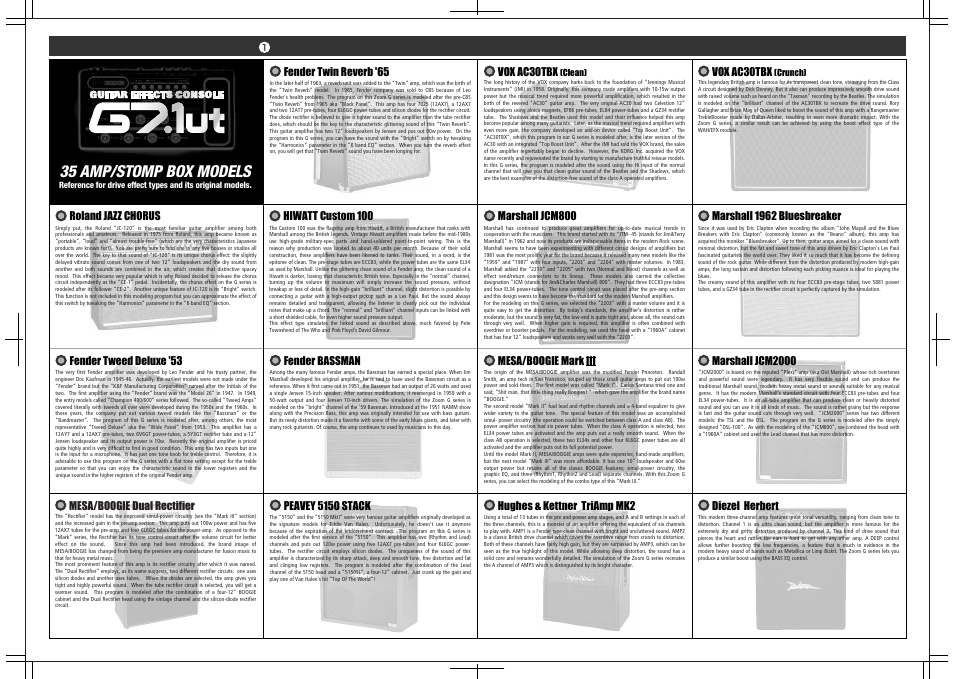 35 amp/stomp box models, Vox ac30tbx, Roland jazz chorus | Marshall jcm2000, Fender twin reverb '65, Fender tweed deluxe '53, Peavey 5150 stack, Mesa/boogie dual rectifier, Marshall jcm800, Mesa/boogie mark iii | Zoom G7.1ut User Manual | Page 38 / 41