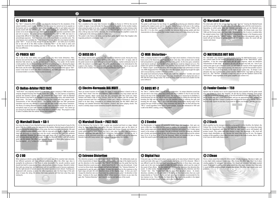 Marshall guv'nor, Matchless hot box, Extreme distortion | Boss mt-2, Boss ds-1, Boss od-1, Dallas-arbiter fuzz face, Digital fuzz, Z combo, Fender combo + ts9 | Zoom G7.1ut User Manual | Page 39 / 41