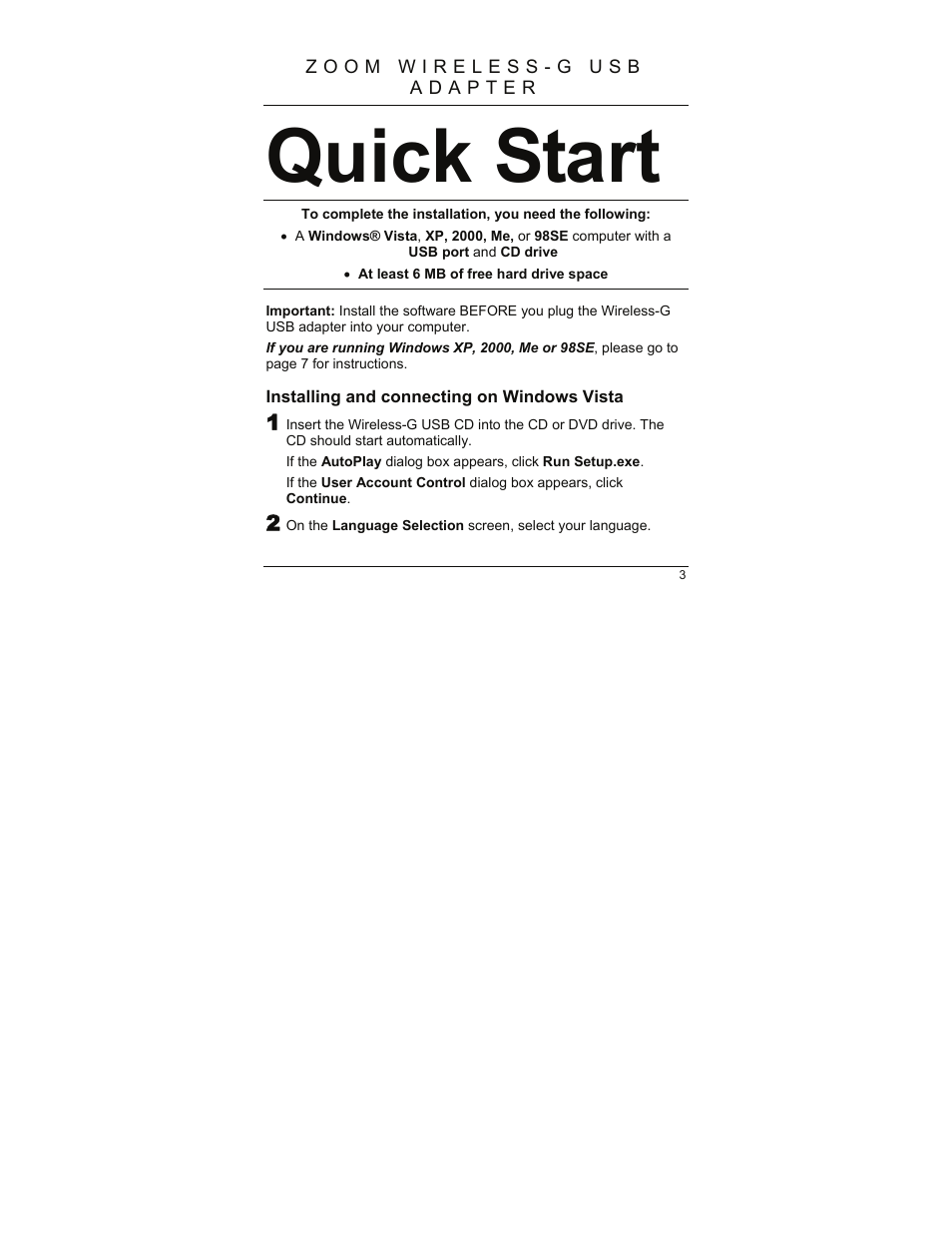 Installing and connecting on windows vista, Quick start | Zoom 4410A User Manual | Page 3 / 24