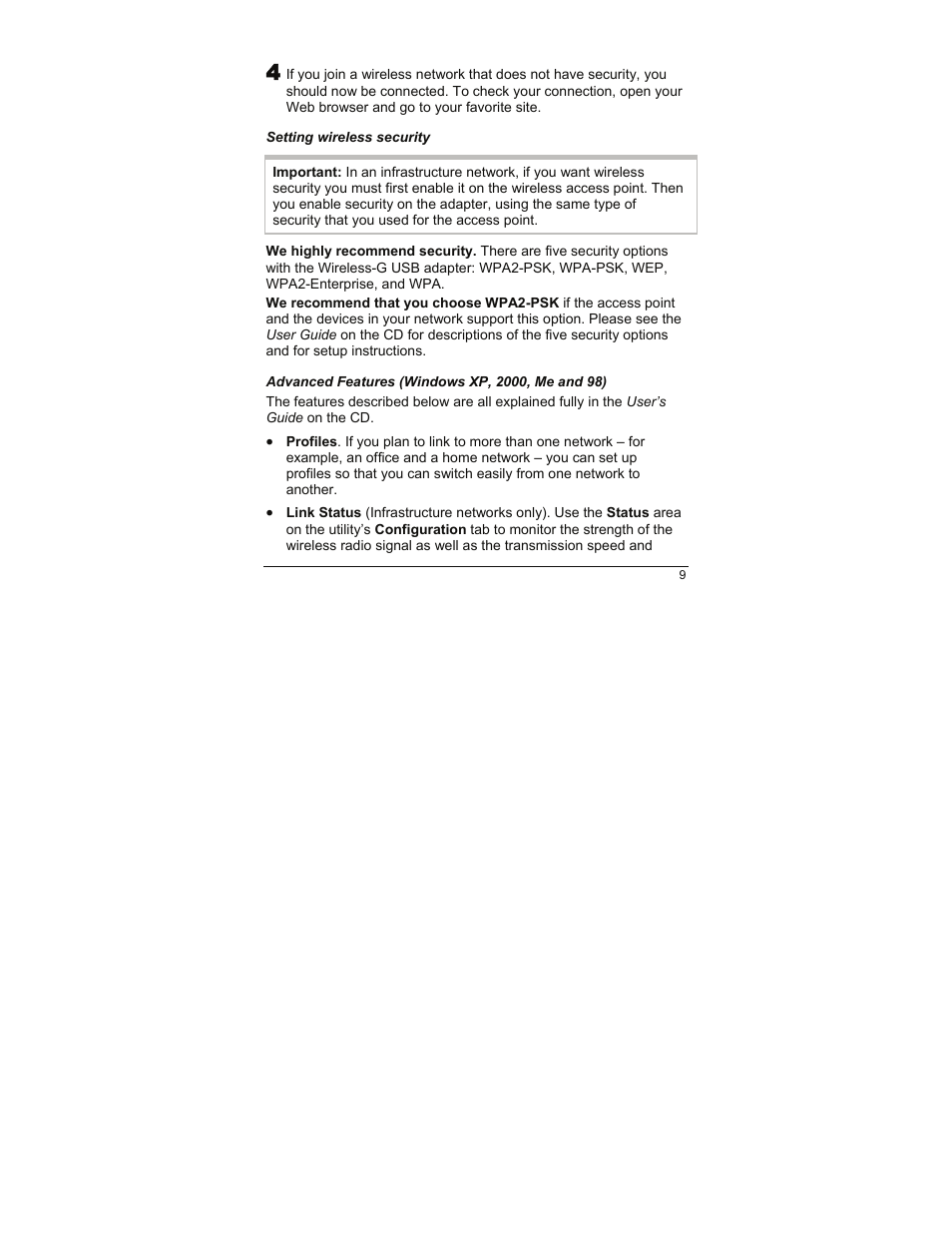 Setting wireless security, Advanced features (windows xp, 2000, me and 98) | Zoom 4410A User Manual | Page 9 / 24