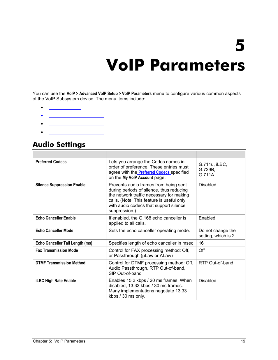 Audio settings, 5 voip parameters, Udio | Ettings, Voip parameters, 5voip parameters | Zoom X6v VoIP User Manual | Page 19 / 51