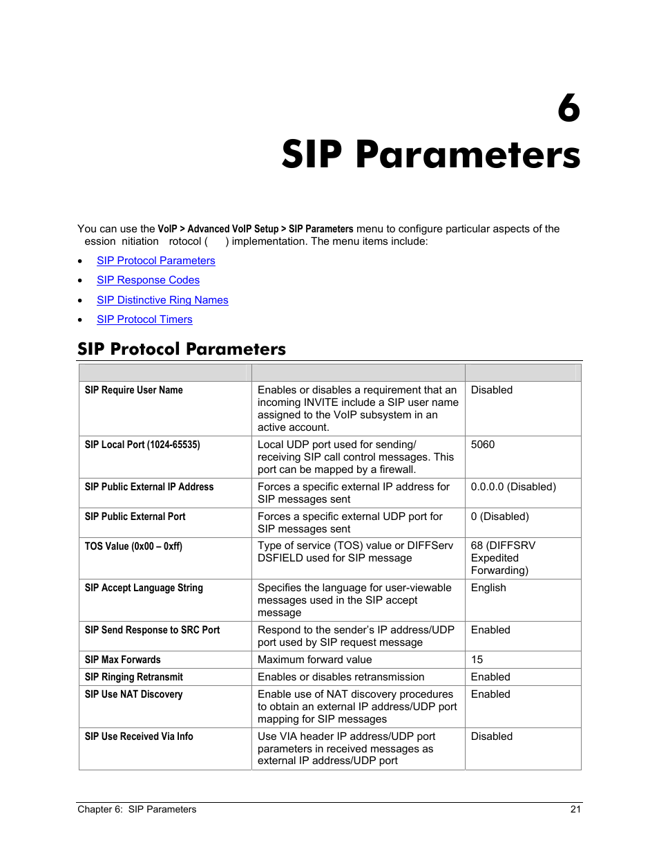 Sip protocol parameters, 6 sip parameters, Rotocol | Arameters, Sip parameters, 6sip parameters | Zoom X6v VoIP User Manual | Page 21 / 51