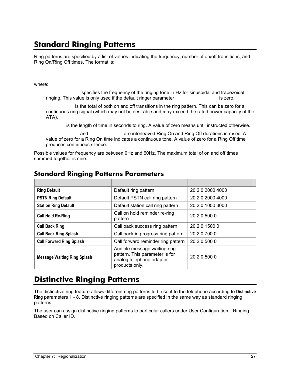 Standard ringing patterns, Standard ringing patterns parameters, Distinctive ringing patterns | Tandard, Inging, Atterns, Istinctive | Zoom X6v VoIP User Manual | Page 27 / 51