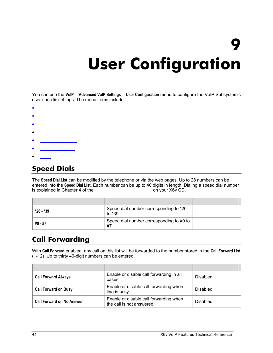 Speed dials, Call forwarding, 9 user configuration | Peed, Ials, Orwarding, User configuration, 9user configuration | Zoom X6v VoIP User Manual | Page 44 / 51