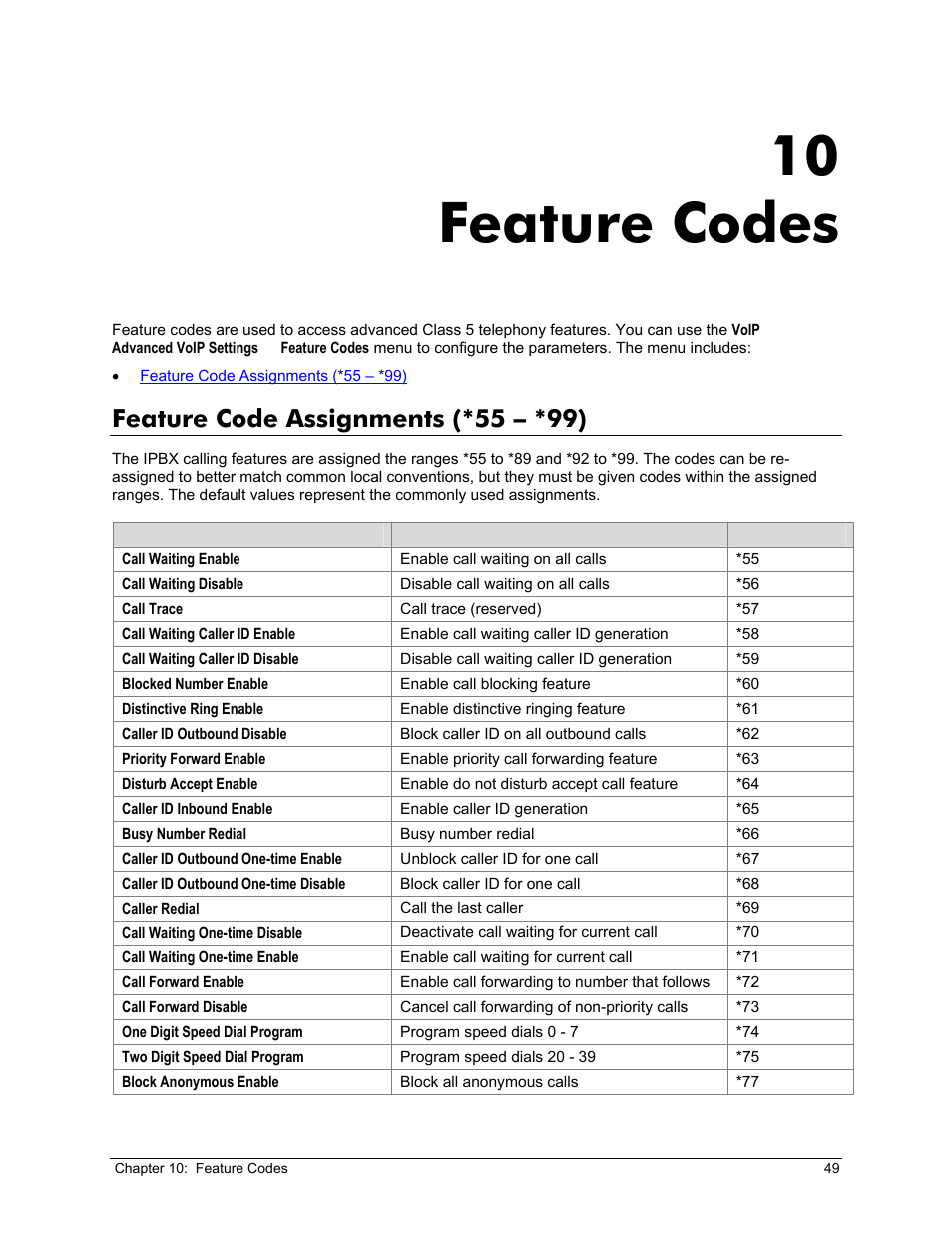 Feature code assignments (*55 – *99), 10 feature codes, Eature | Ssignments, Feature codes | Zoom X6v VoIP User Manual | Page 49 / 51