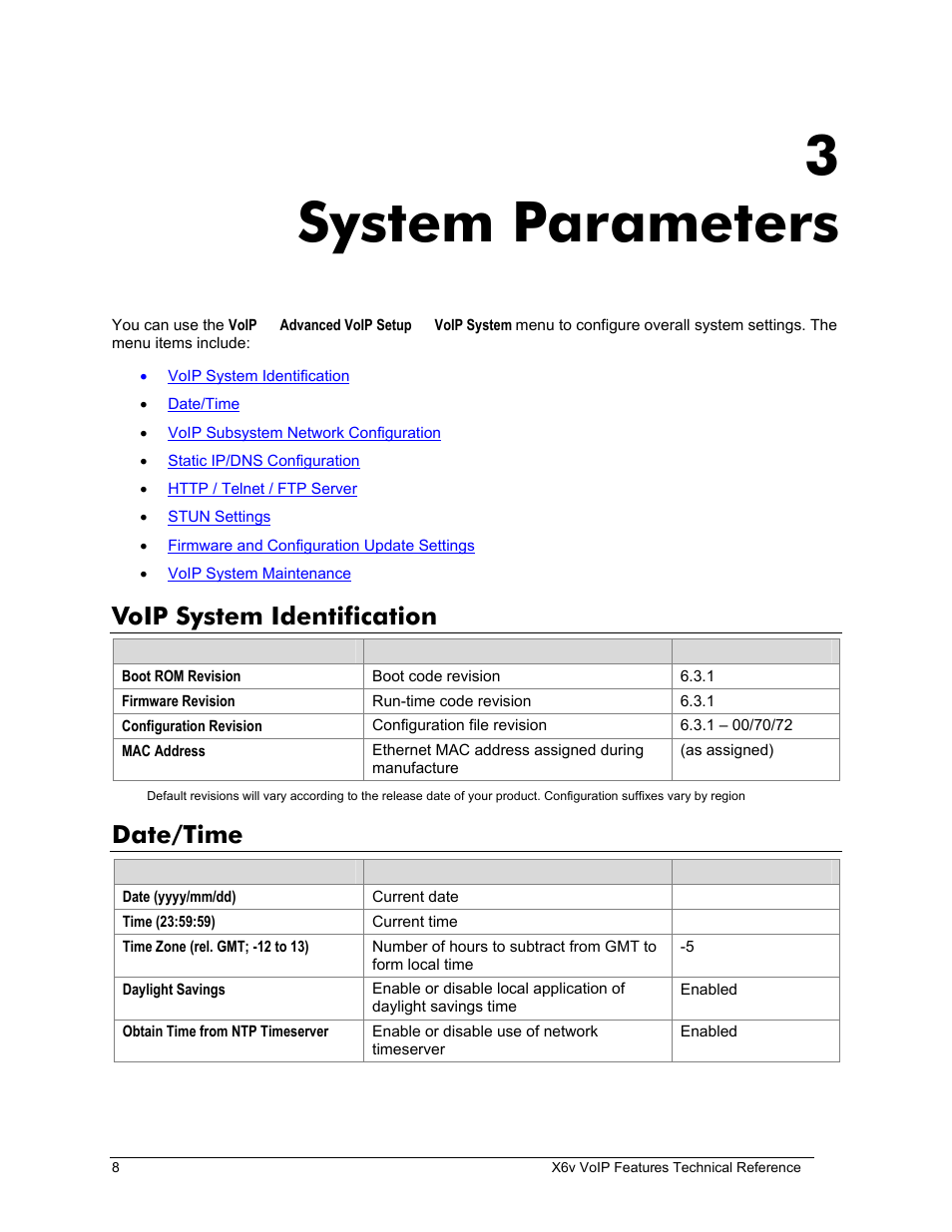 Voip system identification, Date/time, 3 system parameters | Ystem, Dentification, System parameters, 3system parameters | Zoom X6v VoIP User Manual | Page 8 / 51