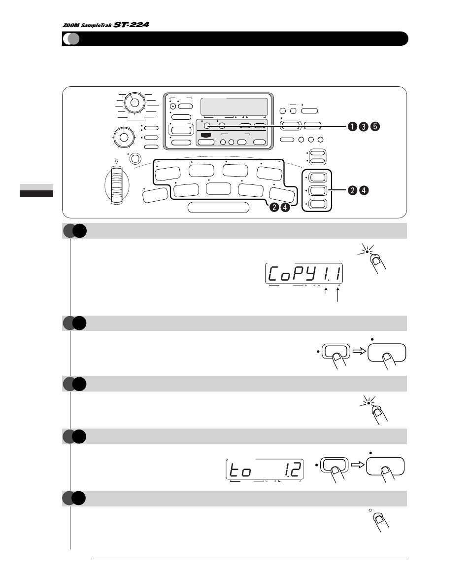 Copying pad settings, Step, Step copying pad settings 34 | Press the [copy] key, Press the [copy] key again, Pad play mode operation, Bank number pad number | Zoom ST-224 User Manual | Page 34 / 76