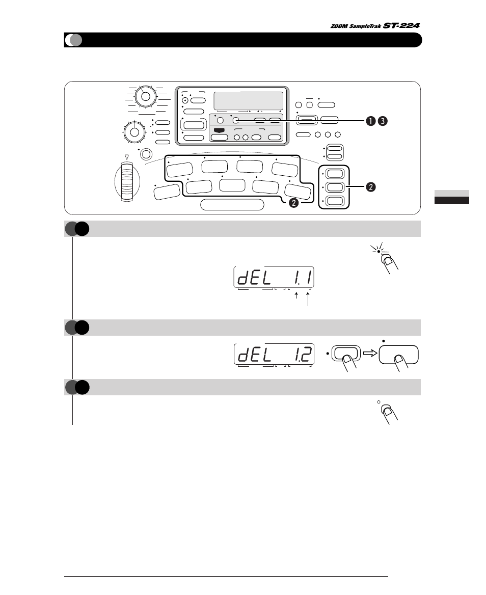 Clearing pad settings, Step, Press the [delete] key | Press the [delete] key again, Bank number pad number, Sampling, Bank 1– 3 keys pads 1 – 8 | Zoom ST-224 User Manual | Page 35 / 76