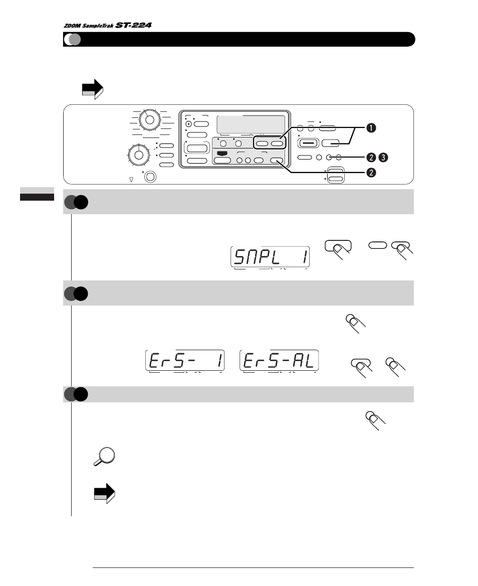 Erasing a sample, P. 36, P.36 | And then repeat steps 2 - 7, Step, Step erasing a sample 36, Hint, Pad play mode operation | Zoom ST-224 User Manual | Page 36 / 76