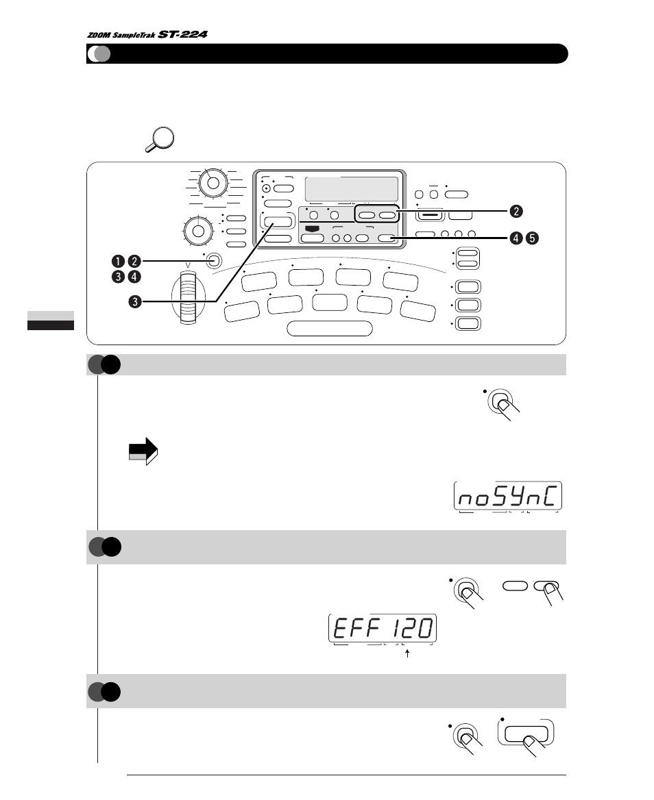 Synchronizing effect parameter bpm, Step, Step synchronizing effect parameter bpm | Press the [effect sync] key, Using the internal effects, Hint, Effect bpm | Zoom ST-224 User Manual | Page 44 / 76