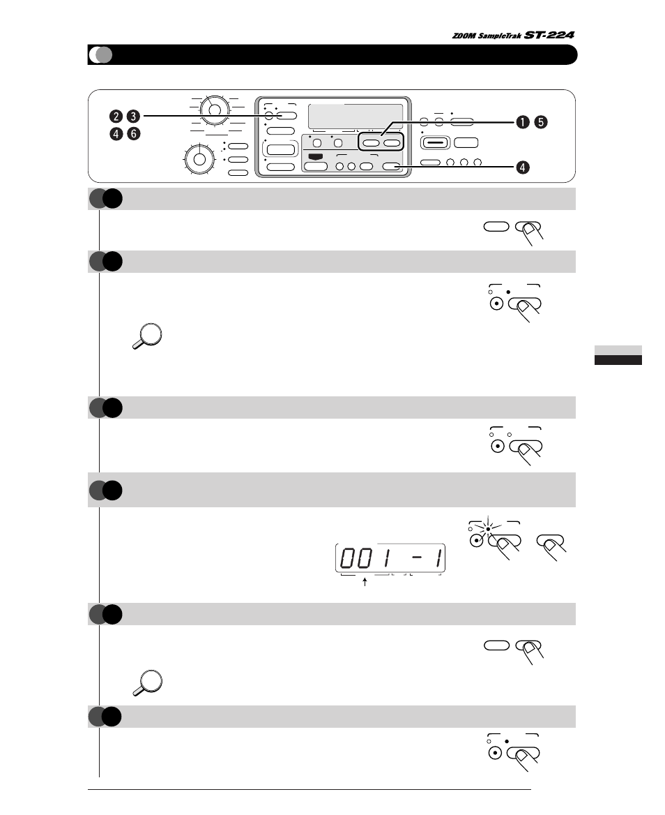 Playing a song, Step, Step 51 | Press the [song play/stop] key, Use the [-] [+] keys to specify the bar, Creating songs, Hint | Zoom ST-224 User Manual | Page 51 / 76