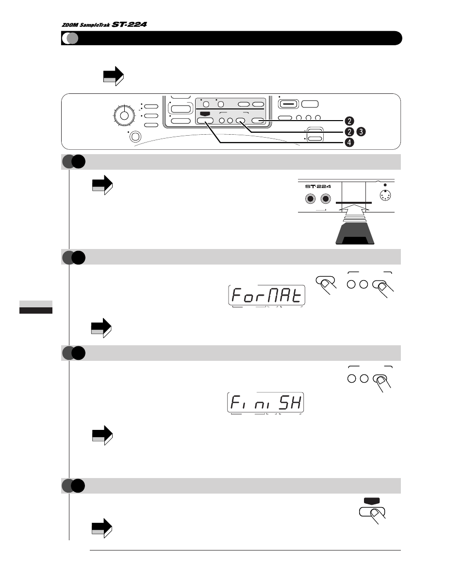 Formatting a data card, Step, Step formatting a data card | Press the [internal/data card] key, When formatting is completed, press the [exit] key, The st-224 reverts to the play mode | Zoom ST-224 User Manual | Page 60 / 76