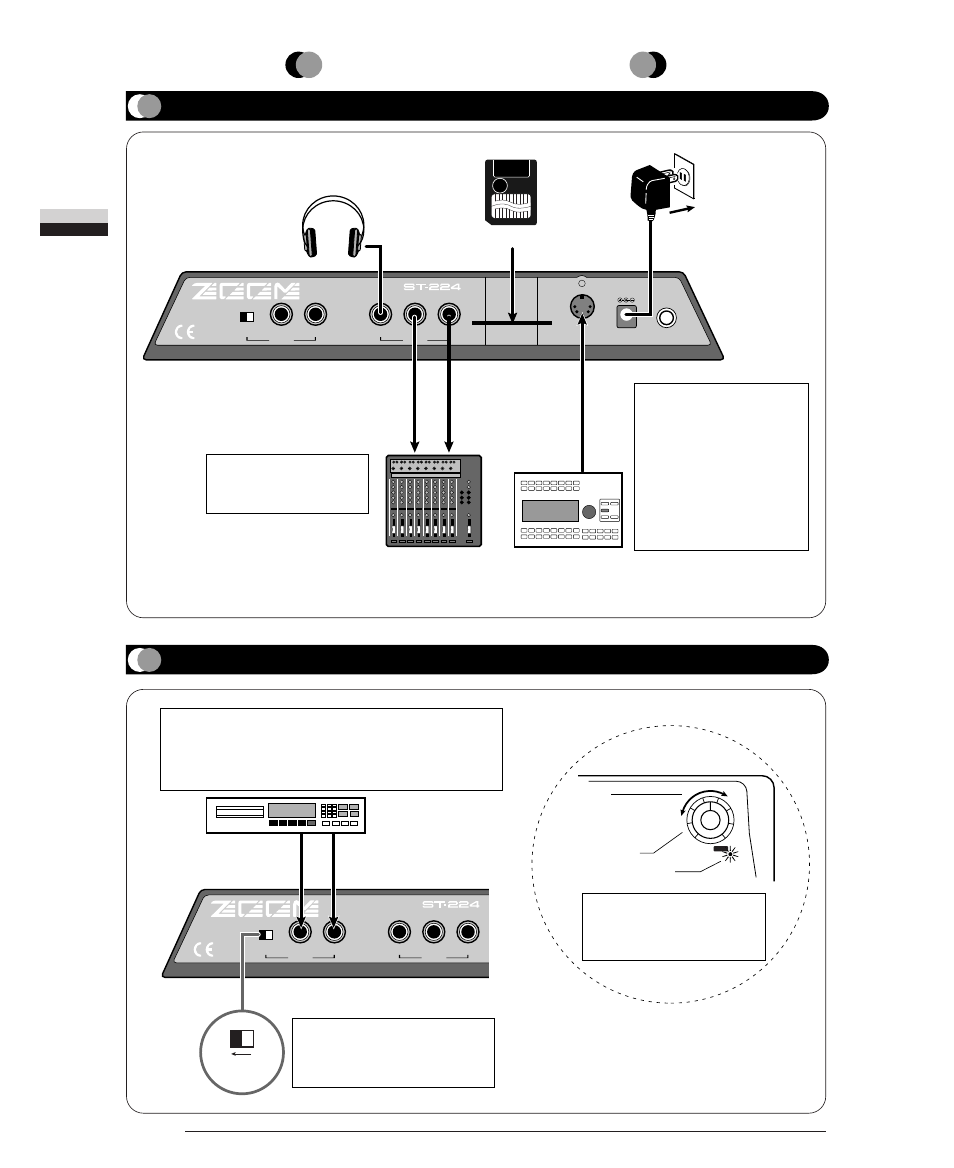 Getting connected, Connection to sound source (1) (cd player) | Zoom ST-224 User Manual | Page 8 / 76