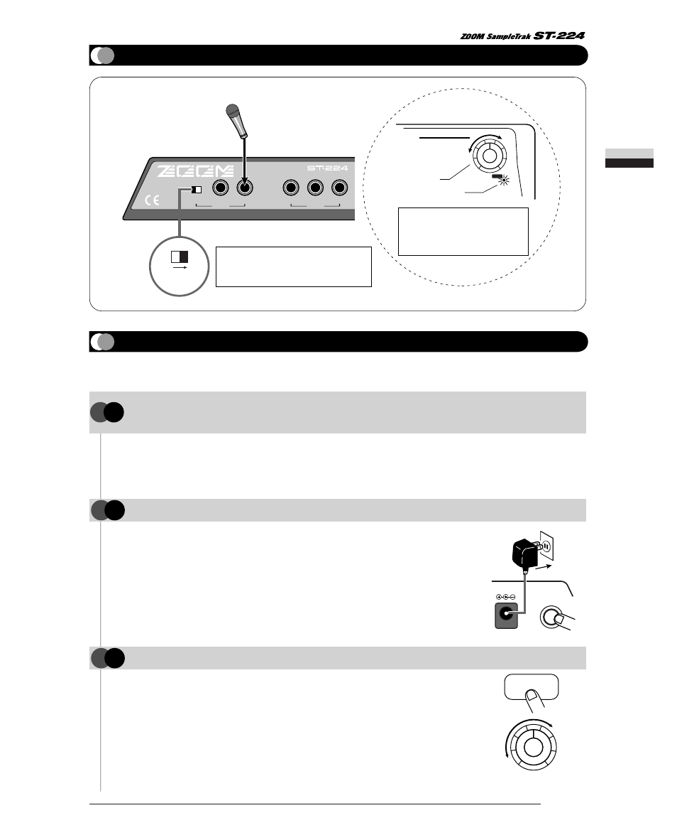 Connection to sound source (2) (microphone), Adjusting the volume, Step | Step 9 | Zoom ST-224 User Manual | Page 9 / 76