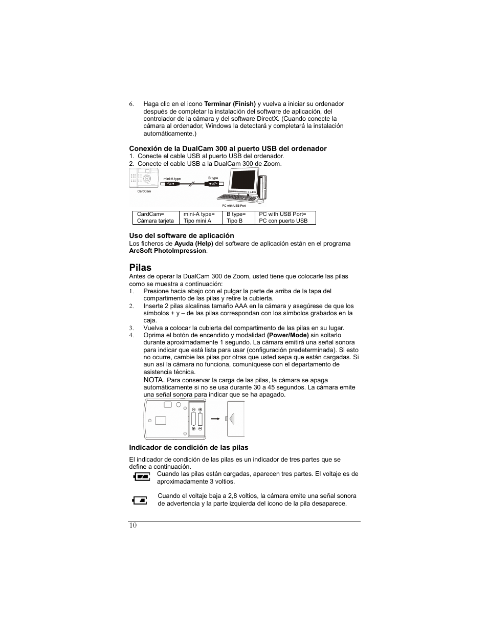 Pilas, Indicador de condición de las pilas | Zoom DUALCAM 300 User Manual | Page 10 / 16