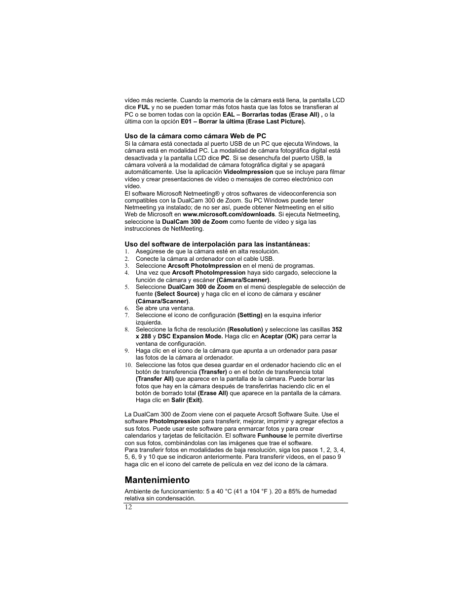 Uso de la cámara como cámara web de pc, Mantenimiento | Zoom DUALCAM 300 User Manual | Page 12 / 16