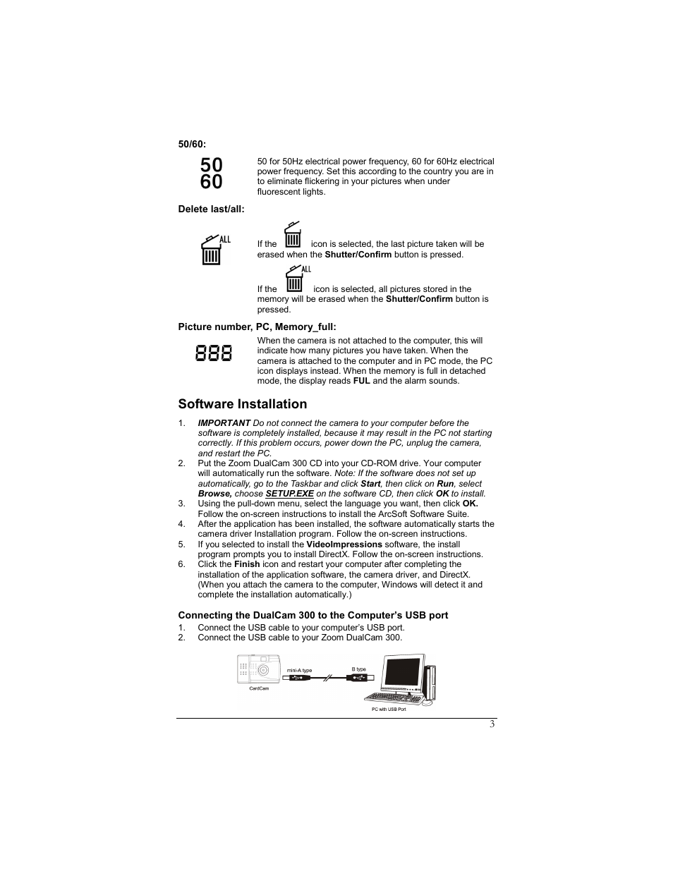 Delete last/all, Picture number, pc, memory_full, Software installation | Zoom DUALCAM 300 User Manual | Page 3 / 16