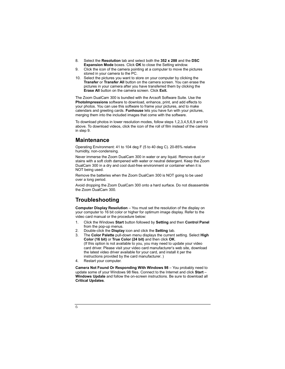 Maintenance, Troubleshooting | Zoom DUALCAM 300 User Manual | Page 6 / 16