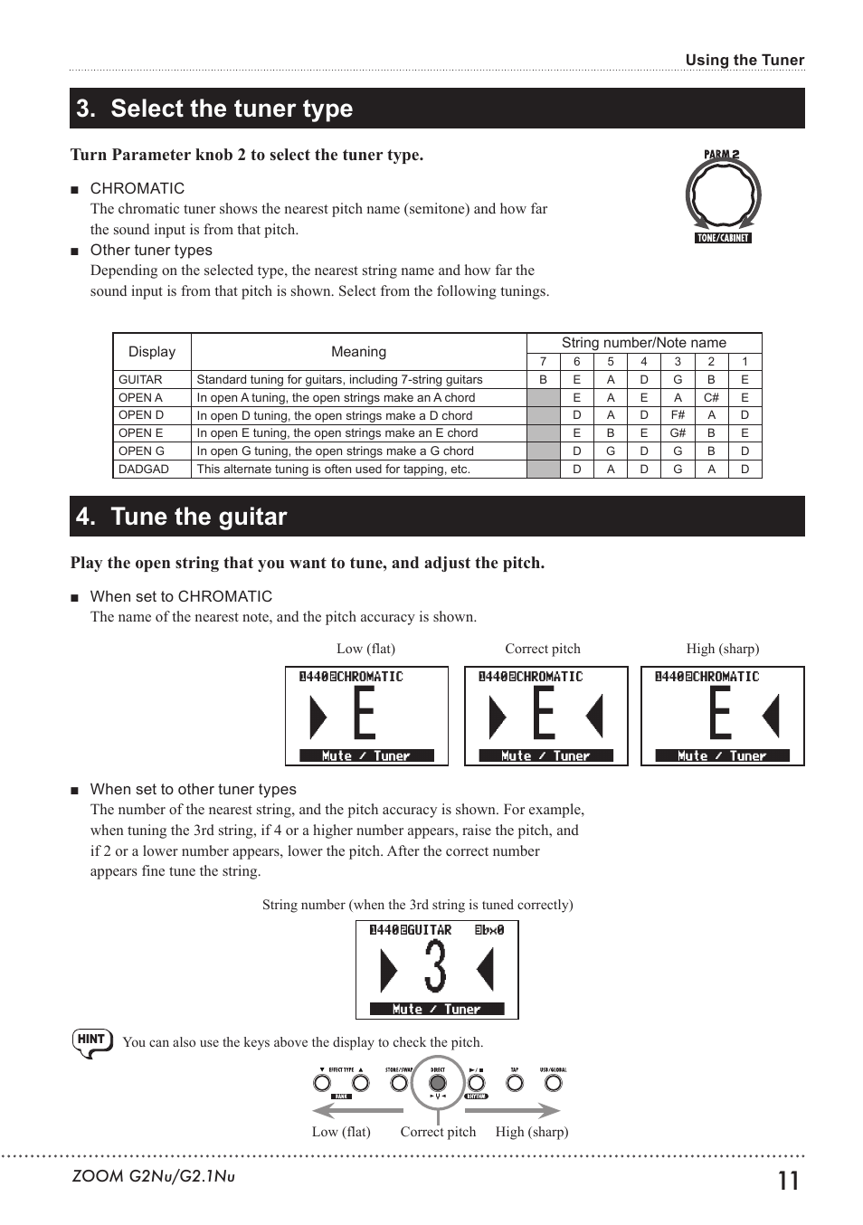 Select the tuner type 4. tune the guitar | Zoom G2.1NU User Manual | Page 11 / 56