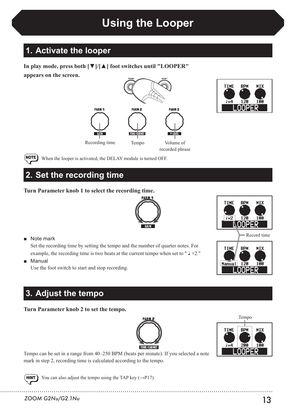 Using the looper, Activate the looper 2. set the recording time, Adjust the tempo | Zoom G2.1NU User Manual | Page 13 / 56